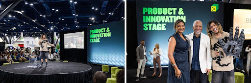 An exoskeleton concept presentation and a robotic hand prototype on the Product & Innovation Stage at AfroTech 2025.